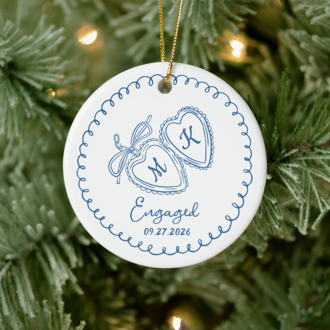 Whimsical Engaged Couple Blue Hearts Trendy Doodle Ceramic Ornament (Tree)