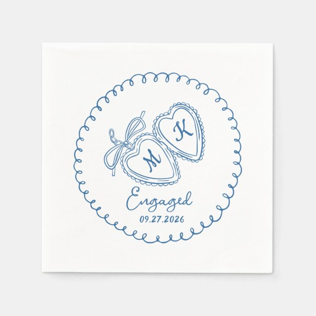 Whimsical Engaged Couple Blue Hearts Trendy Doodle Napkins (Front)