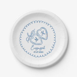 Whimsical Engaged Couple Blue Hearts Trendy Doodle Paper Plates