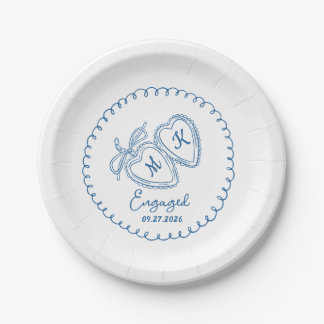 Whimsical Engaged Couple Blue Hearts Trendy Doodle Paper Plates