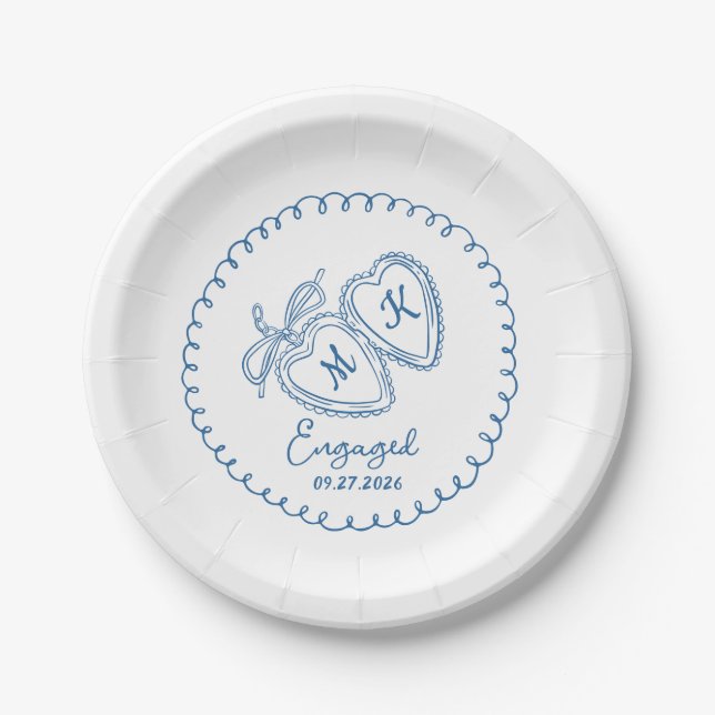 Whimsical Engaged Couple Blue Hearts Trendy Doodle Paper Plates (Front)