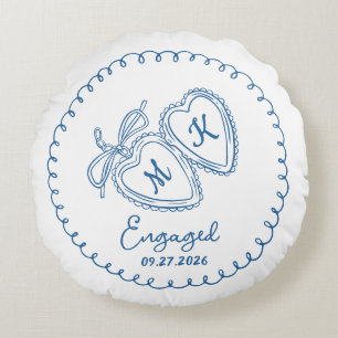Whimsical Engaged Couple Blue Hearts Trendy Doodle Round Pillow