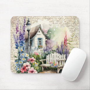 Whimsical English Cottage Fairytale Flower Garden Mouse Pad