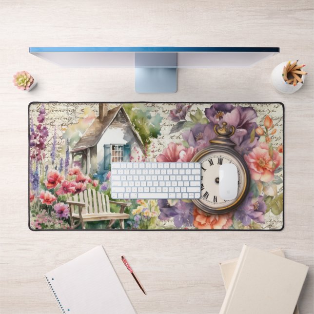 Whimsical English Cottage House Flowers Watch Desk Mat (Office 1)