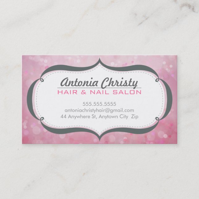 WHIMSICAL ethereal bokeh fancy frame gray pink Business Card (Front)