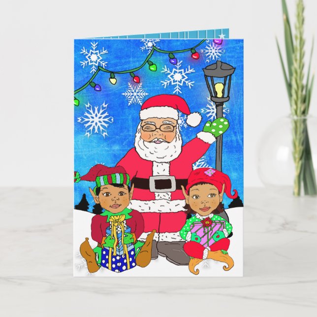 Whimsical Ethnic Santa and Elves Christmas Card (Front)