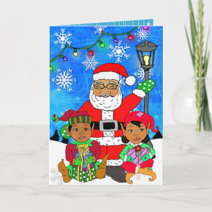 Whimsical Ethnic Santa and Elves Christmas Card