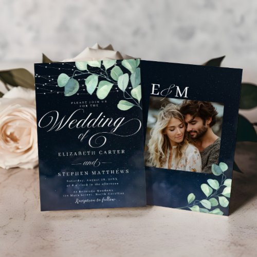 Whimsical Eucalyptus Under The Stars Photo Wedding Invitation