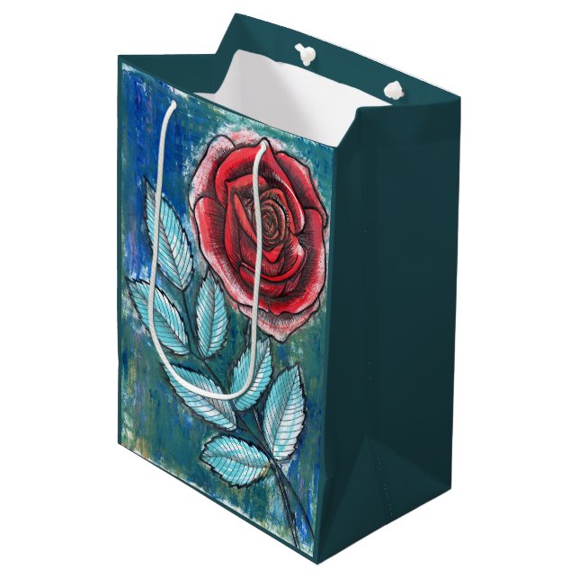Whimsical Expressionist Red Rose Teal Leaves Gift  Medium Gift Bag (Front Angled)