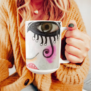 Whimsical Face Black White Neon Pink Red Artistic Mug