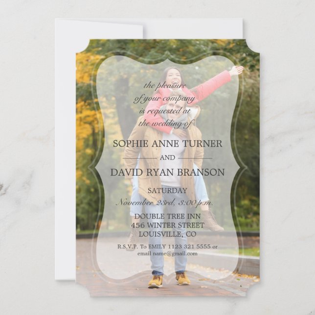 Whimsical Faded Photo Calligraphy Wedding Invitation (Front)