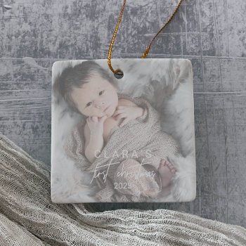 Whimsical Faded Photo First Christmas Square Ceramic Ornament by ChristmasPaperCo at Zazzle