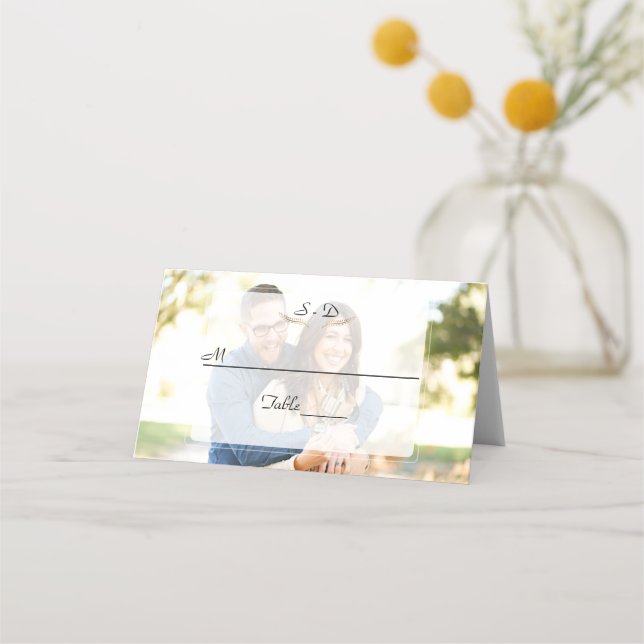 Whimsical Faded Photo Geometric Wedding Place Card (Front)