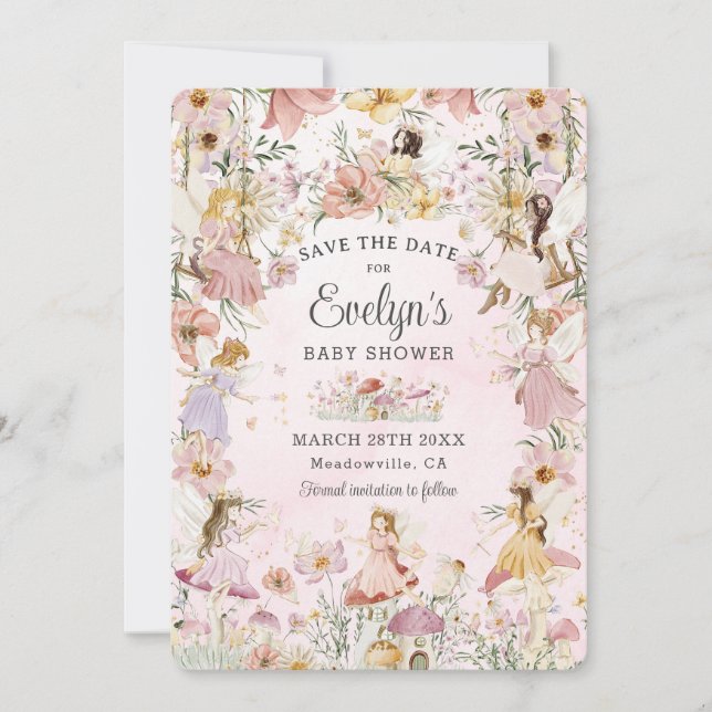 Whimsical Fairies Baby Shower Flower Garden Meadow Save The Date (Front)