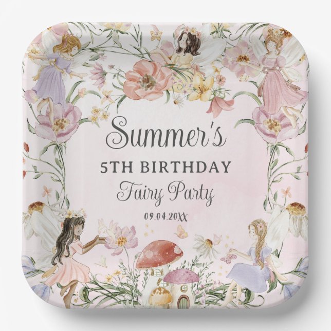 Whimsical Fairies Birthday Flower Garden Meadow Paper Plates (Front)