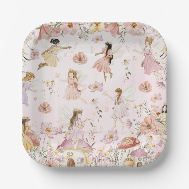 Whimsical Fairies Birthday Flower Garden Meadow Paper Plates (Front)