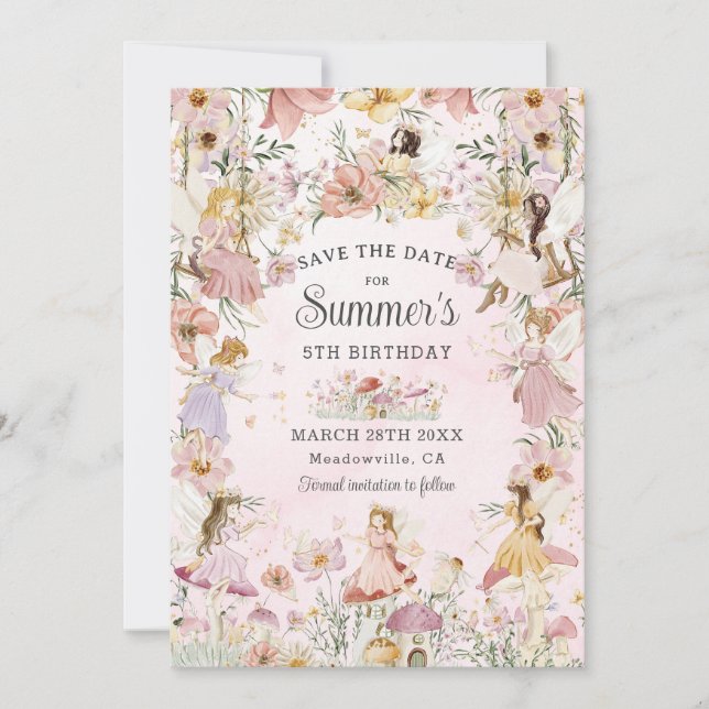 Whimsical Fairies Birthday Flower Garden Meadow Save The Date (Front)