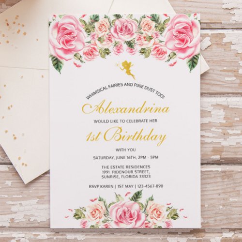 Whimsical Fairies Pink Florals Birthday Invitation