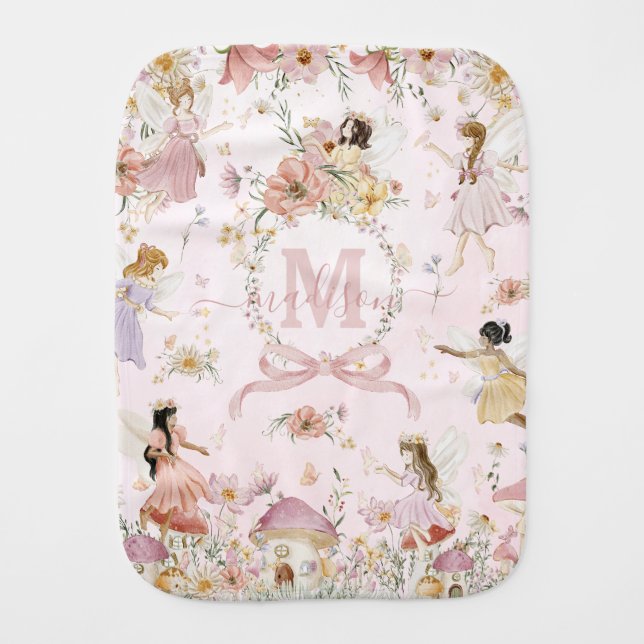 Whimsical Fairies Wildflower Meadow Monogram Baby Burp Cloth (Front)