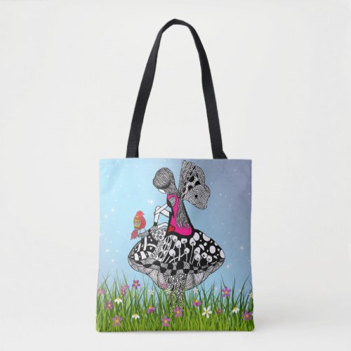 Whimsical Fairy and a Bird Tote Bag