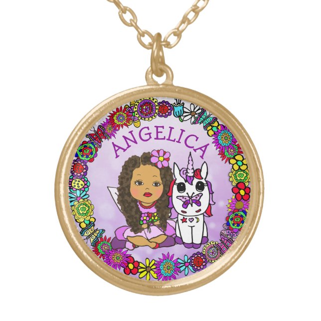 Whimsical Fairy and Unicorn Gold Plated Necklace (Front)