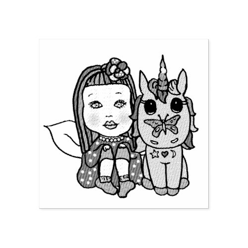 Whimsical Fairy and Unicorn with Butterfly on Nose Rubber Stamp