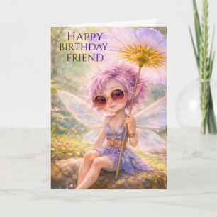 Whimsical Fairy Dandelion–FRIEND Happy Birthday Card