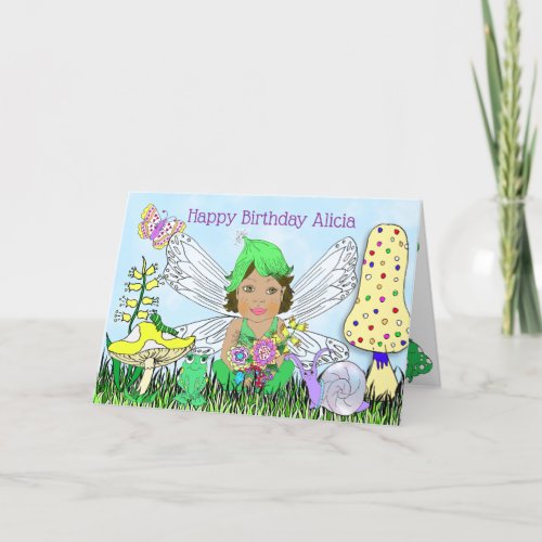 Whimsical Fairy Elf on Magic Mushroom Birthday Card