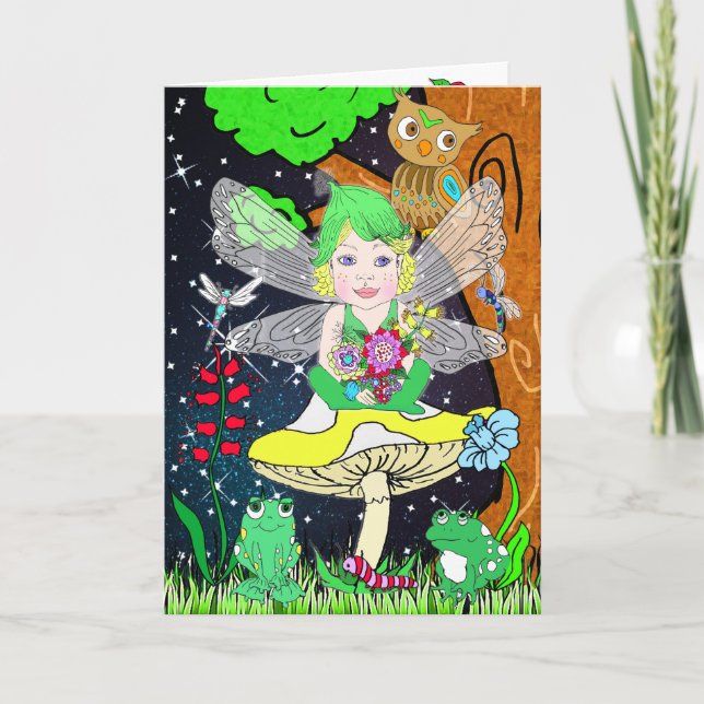 Whimsical Fairy Elf on Magic Mushroom Birthday Card (Front)