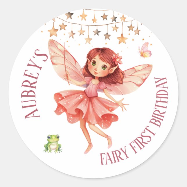Whimsical Fairy First Birthday Classic Round Sticker (Front)