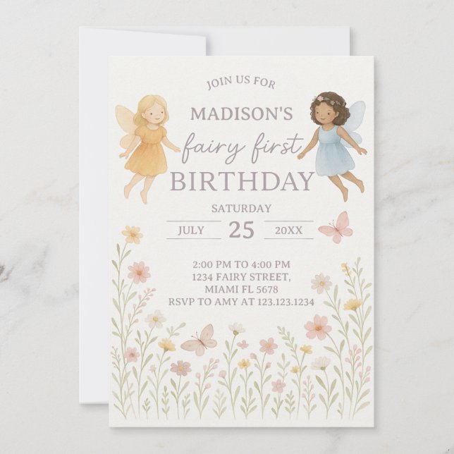 Whimsical Fairy First Birthday Invitation (Front)