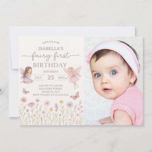 Whimsical Fairy First Birthday Invite with photo (Front)
