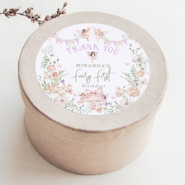 Whimsical Fairy First Birthday Pastel Thank You Classic Round Sticker (Creator Uploaded)
