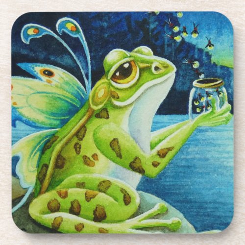 Whimsical Fairy Frog  Fireflies Watercolor Art Beverage Coaster