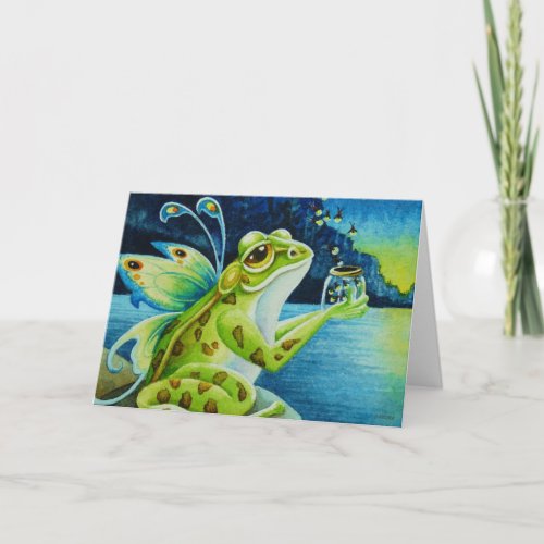 Whimsical Fairy Frog  Fireflies Watercolor Art Card