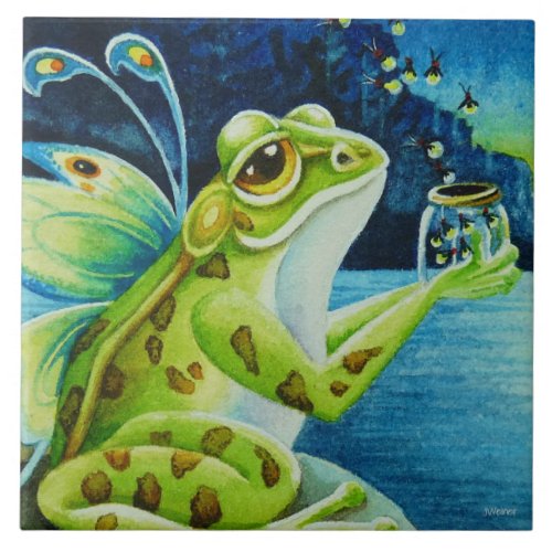 Whimsical Fairy Frog  Fireflies Watercolor Art Ceramic Tile