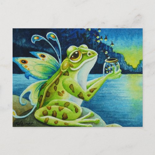 Whimsical Fairy Frog  Fireflies Watercolor Art  Postcard