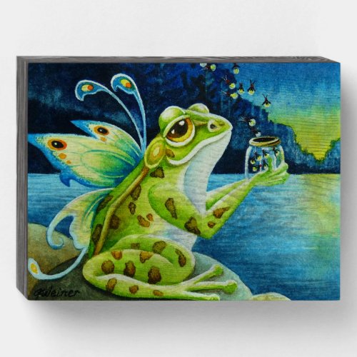 Whimsical Fairy Frog  Fireflies Watercolor Art  Wooden Box Sign