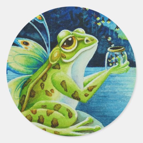 Whimsical Fairy Frogs  Fireflies Watercolor Art Classic Round Sticker