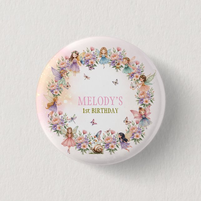 Whimsical fairy garden 1st birthday  button (Front)