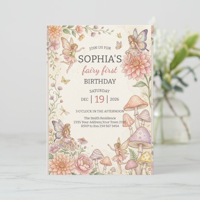 Whimsical Fairy Garden 1st Birthday Invitation (Standing Front)