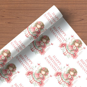 Whimsical Fairy Girl Blush Floral Birthday Wrapping Paper