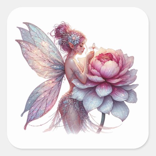 Whimsical Fairy Holding an Over_sized Flower Square Sticker