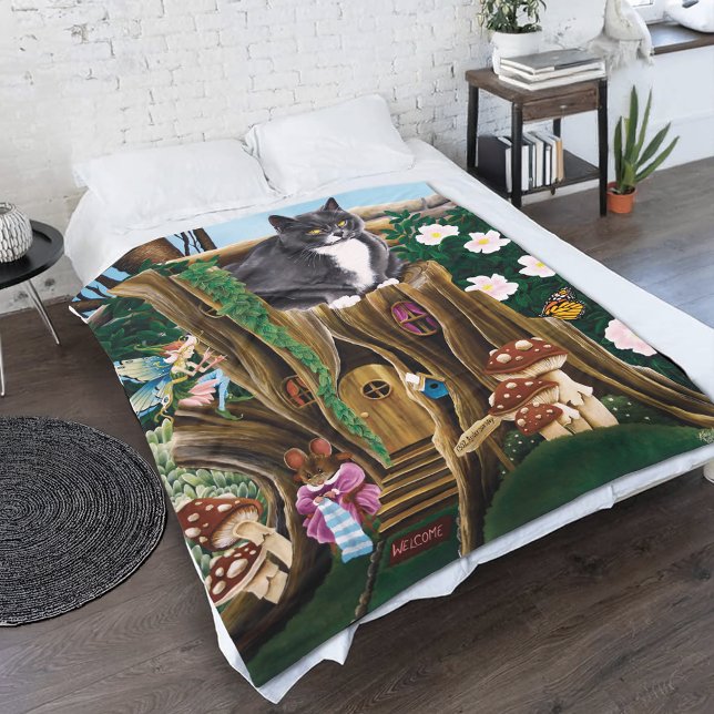 Whimsical Fairy House Treehouse Cat Fantasy Fleece Blanket (Creator Uploaded)