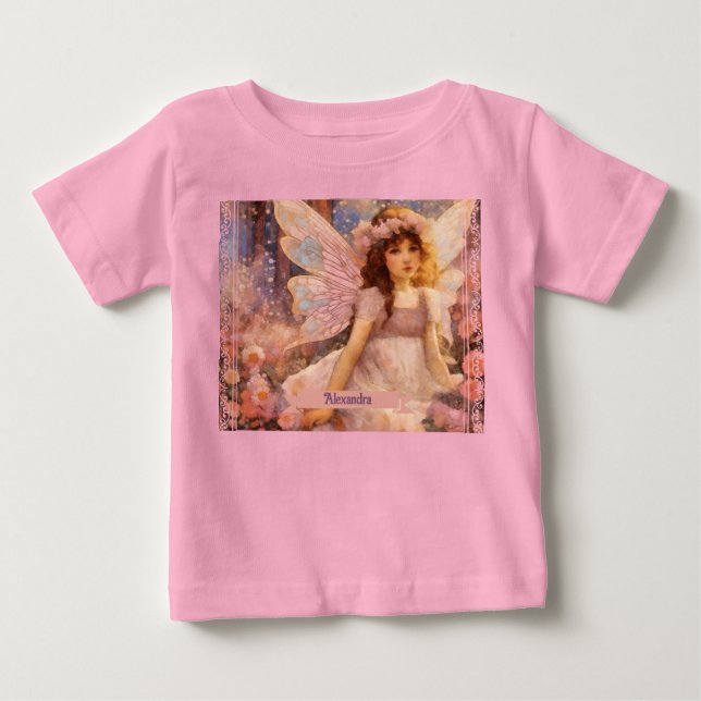 Whimsical Fairy in Dreamy Pink Floral Garden Baby T-Shirt (Front)