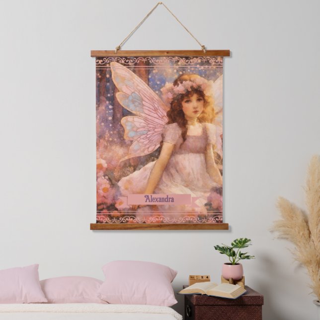 Whimsical Fairy in Dreamy Pink Floral Garden Hanging Tapestry (Bedroom)