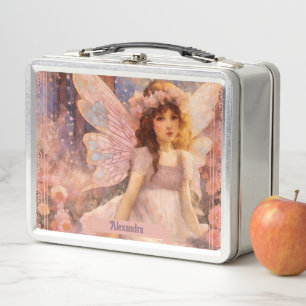 Whimsical Fairy in Dreamy Pink Floral Garden Metal Lunch Box