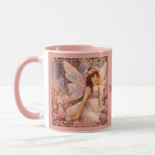Whimsical Fairy in Dreamy Pink Floral Garden Mug (Left)