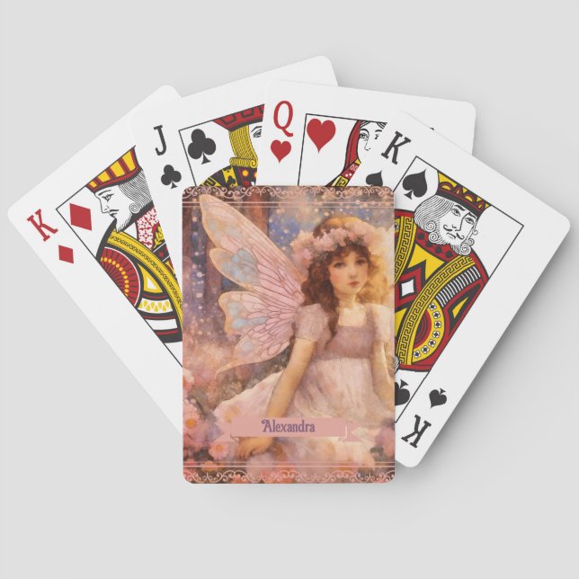 Whimsical Fairy in Dreamy Pink Floral Garden Poker Cards (Back)