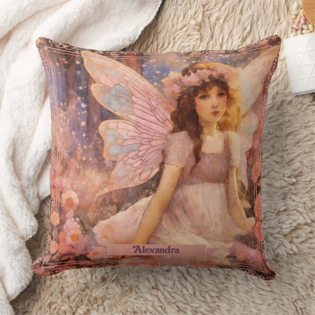 Whimsical Fairy in Dreamy Pink Floral Garden Throw Pillow (Blanket)